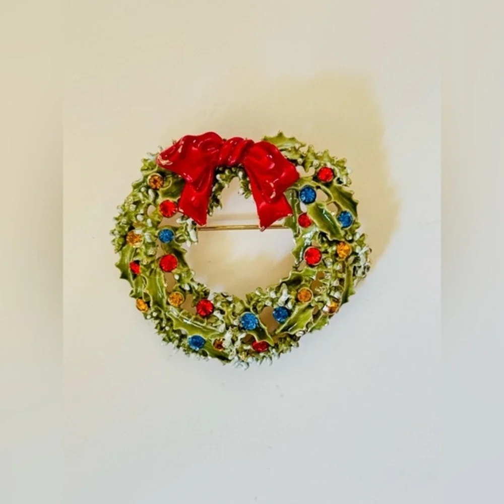 VTG Signed‎ ART Arthur Pepper Christmas Wreath Pin Holiday Rhinestone Enamel 50s